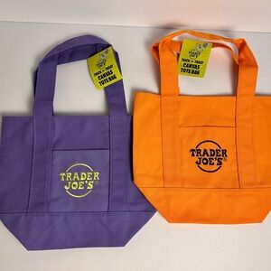 2 NWT Trader Joe's Mini Canvas Tote Bags - Purple & Orange